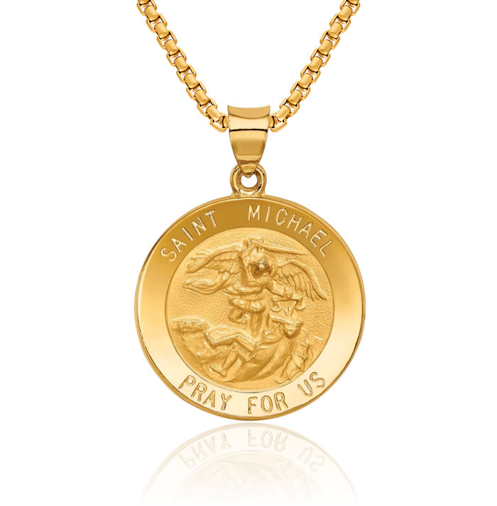 14K Solid Yellow Gold Saint Michael Medal Protects Us Patron Archangel Guardian Angel Wings Necklace Christian Religious Chain Pendant Faith Charm