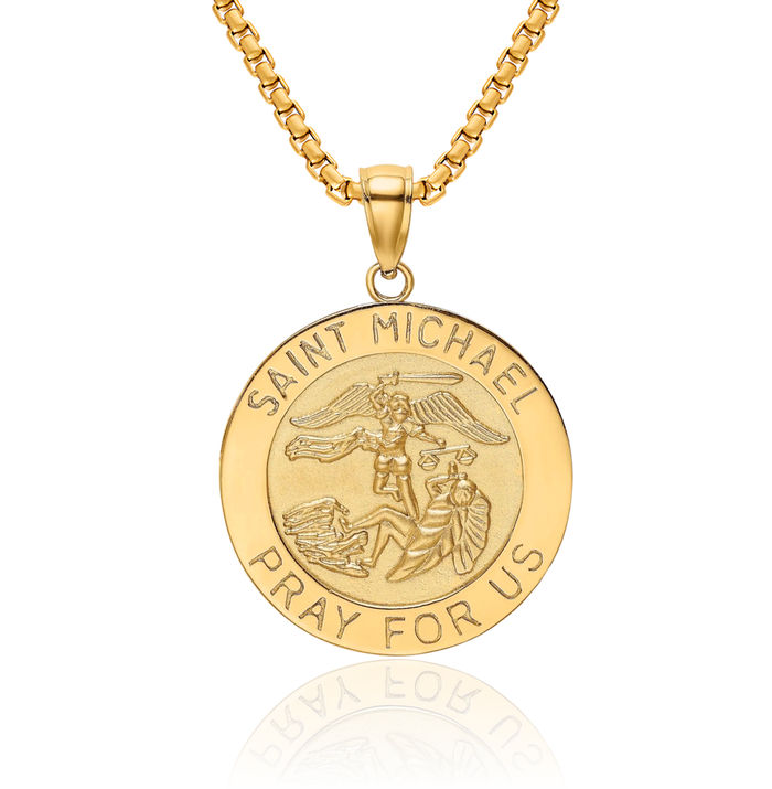 14K Solid Yellow Gold Saint Michael Medal Protects Us Patron Archangel Guardian Angel Wings Necklace Christian Religious Chain Pendant Faith Charm