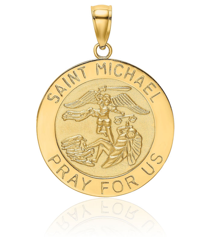 14K Solid Yellow Gold Saint Michael Medal Protects Us Patron Archangel Guardian Angel Wings Necklace Christian Religious Chain Pendant Faith Charm