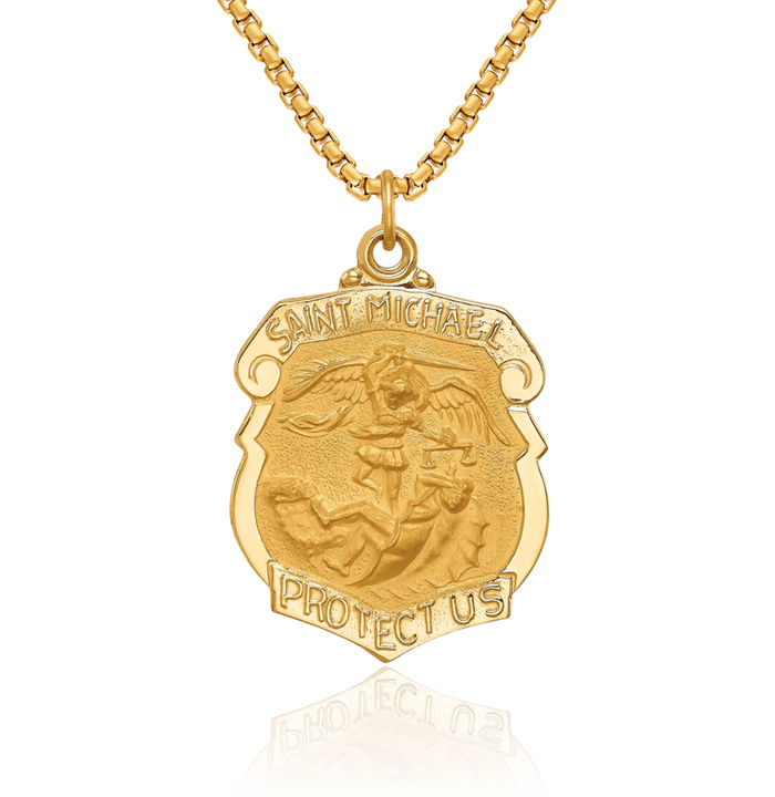 14K Solid Yellow Gold Saint Michael Medal Protects Us Patron Archangel Guardian Angel Wings Necklace Christian Religious Chain Pendant Faith Charm