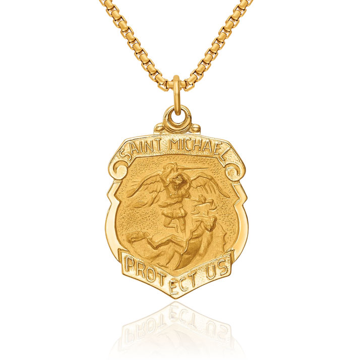 14K Solid Yellow Gold Saint Michael Medal Protects Us Patron Archangel Guardian Angel Wings Necklace Christian Religious Chain Pendant Faith Charm