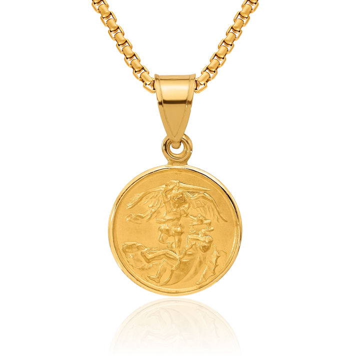 14K Solid Yellow Gold Saint Michael Medal Protects Us Patron Archangel Guardian Angel Wings Necklace Christian Religious Chain Pendant Faith Charm