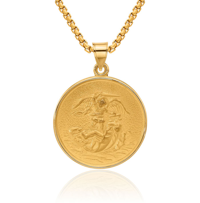 14K Solid Yellow Gold Saint Michael Medal Protects Us Patron Archangel Guardian Angel Wings Necklace Christian Religious Chain Pendant Faith Charm