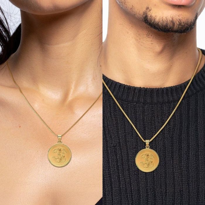 14K Solid Yellow Gold Saint Michael Medal Protects Us Patron Archangel Guardian Angel Wings Necklace Christian Religious Chain Pendant Faith Charm