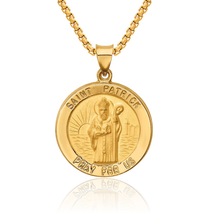 14K Solid Yellow Gold Saint Patrick Medal Necklace Chain Pendant Charm
