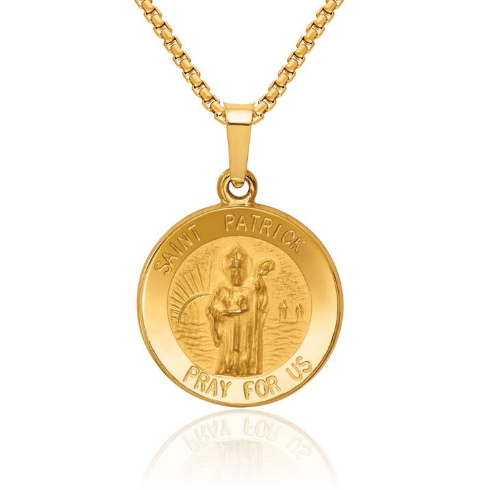 14K Solid Yellow Gold Saint Patrick Medal Necklace Chain Pendant Charm