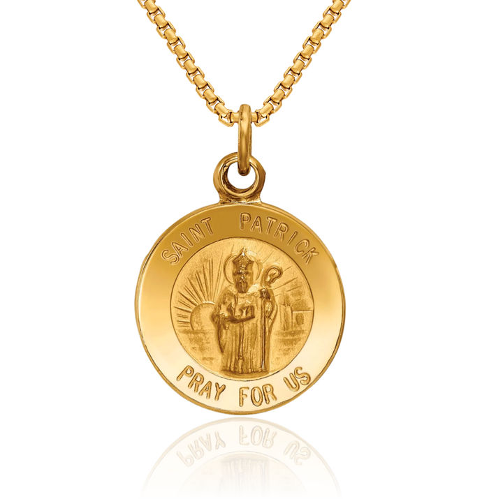 14K Solid Yellow Gold Saint Patrick Medal Necklace Chain Pendant Charm