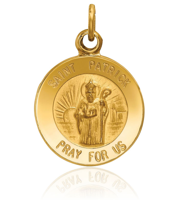 14K Solid Yellow Gold Saint Patrick Medal Necklace Chain Pendant Charm