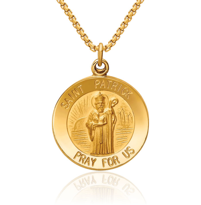 14K Solid Yellow Gold Saint Patrick Medal Necklace Chain Pendant Charm