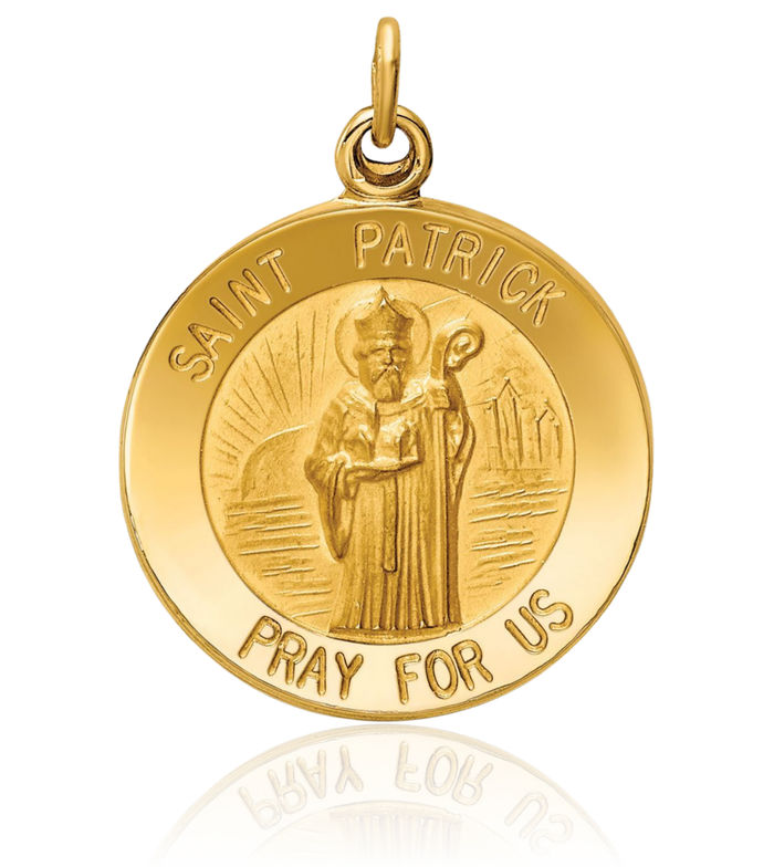 14K Solid Yellow Gold Saint Patrick Medal Necklace Chain Pendant Charm