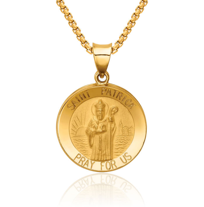 14K Solid Yellow Gold Saint Patrick Medal Necklace Chain Pendant Charm
