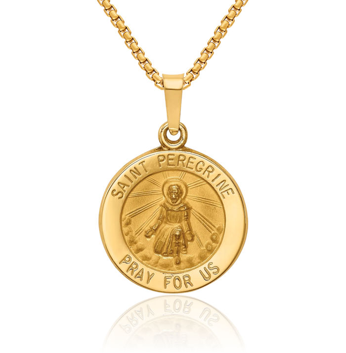 14K Solid Yellow Gold Saint Peregrine Medal Necklace Chain Pendant Charm