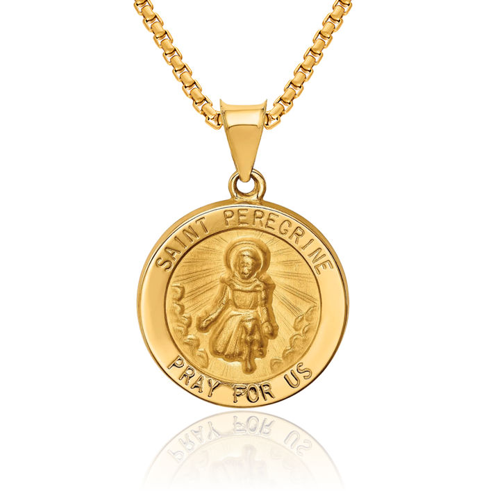 14K Solid Yellow Gold Saint Peregrine Medal Necklace Chain Pendant Charm