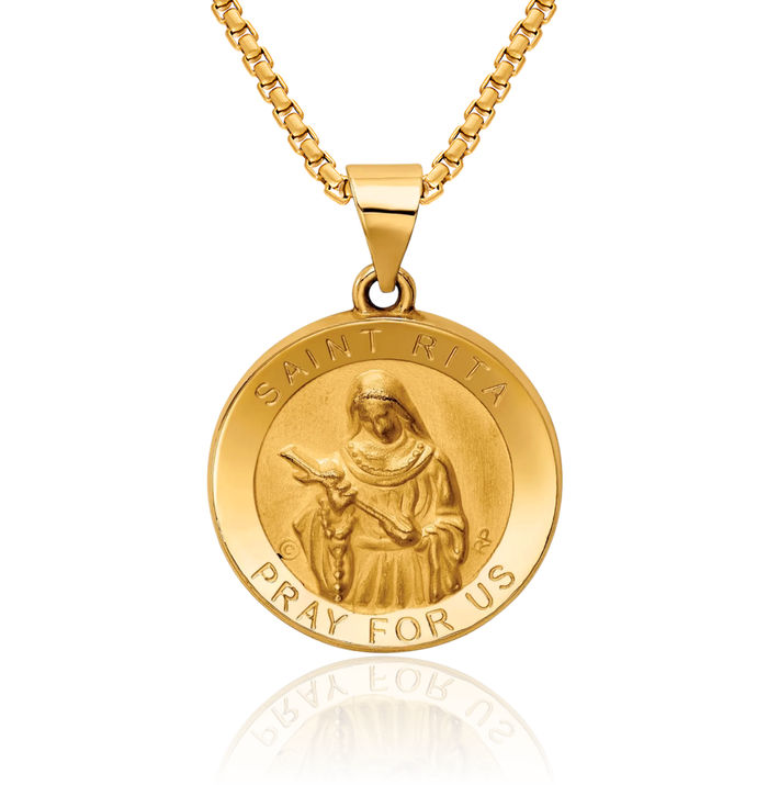14K Solid Yellow Gold Saint Rita Medal Necklace Chain Pendant Charm
