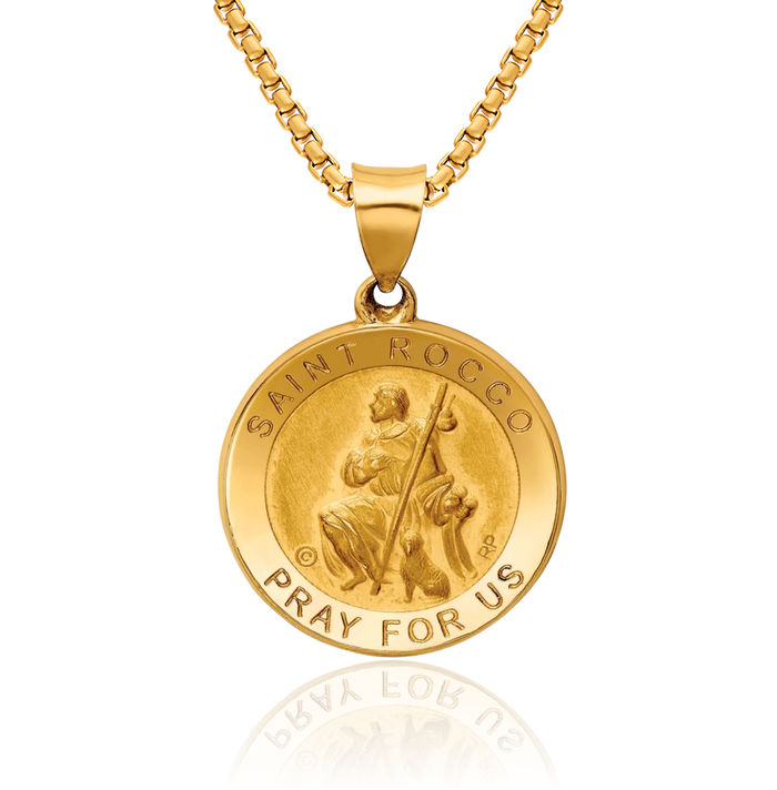 14K Solid Yellow Gold Saint Rocco Medal Necklace Chain Pendant Charm