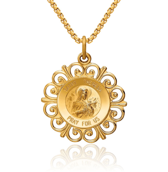 14K Solid Yellow Gold Saint Theresa Medal Necklace Chain Pendant Charm
