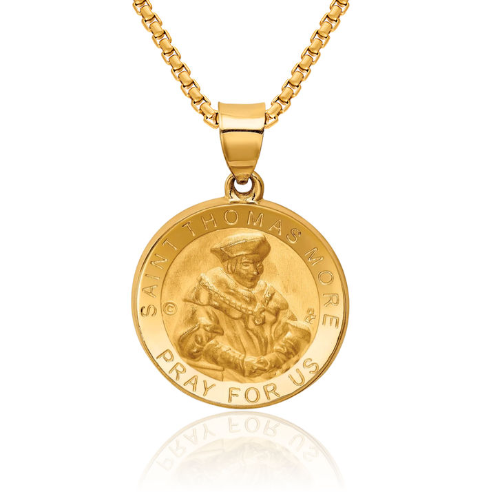 14K Solid Yellow Gold Saint Thomas More Medal Necklace Chain Pendant Charm