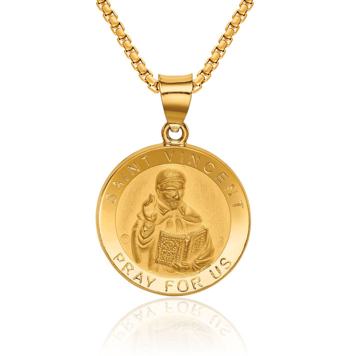 14K Solid Yellow Gold Saint Vincent Medal Necklace Chain Pendant Charm