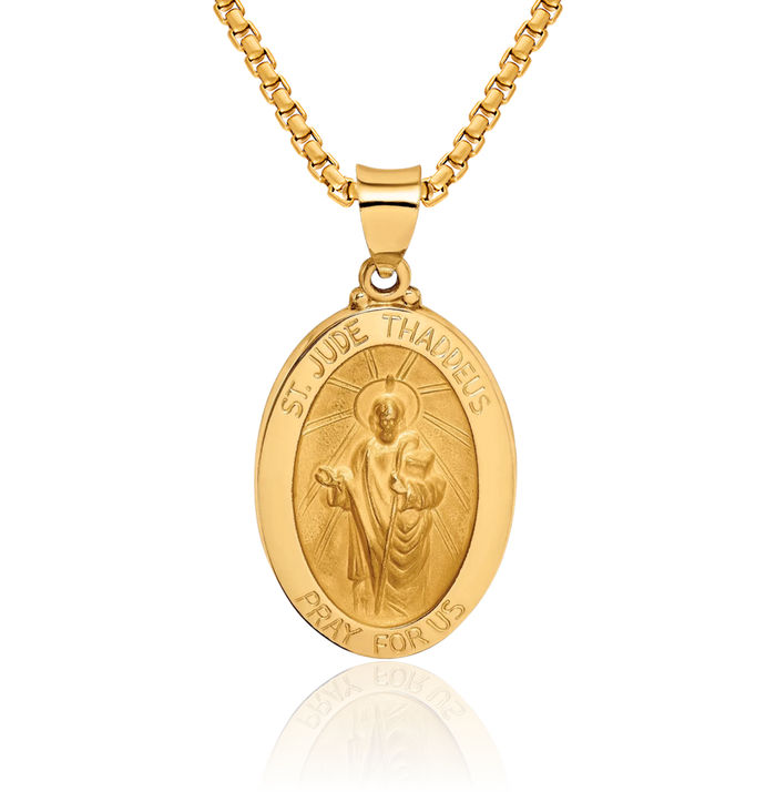 14K Solid Yellow Gold San Judas Tadeo St Jude Patron Saint Thaddeus Medal Necklace Chain Pendant Charm