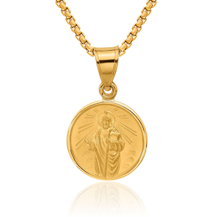 14K Solid Yellow Gold San Judas Tadeo St Jude Patron Saint Thaddeus Medal Necklace Chain Pendant Charm