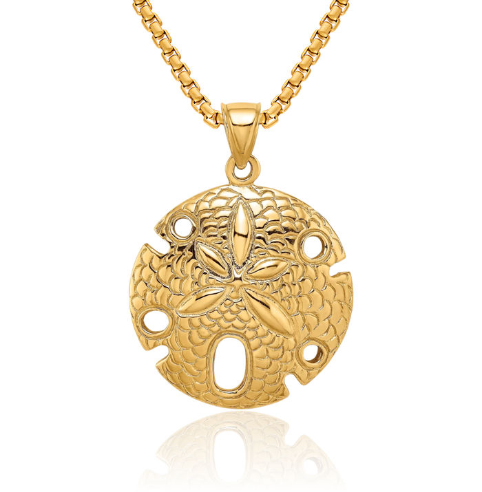 14K Solid Yellow Gold Sand Dallar Necklace Chain Pendant Charm