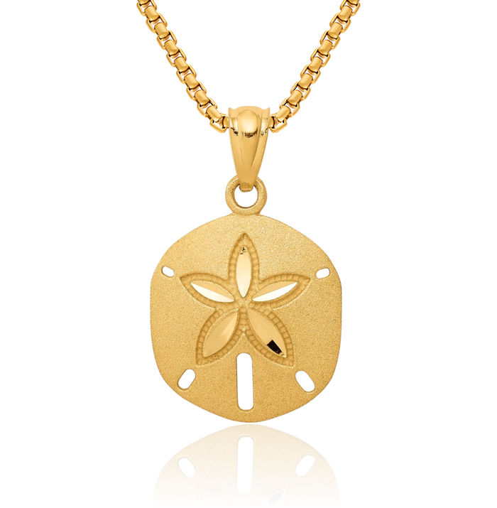 14K Solid Yellow Gold Sand Dollar Sea Star Starfish Necklace Chain Pendant Charm