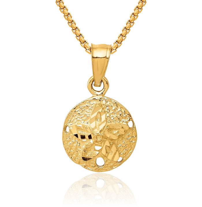 14K Solid Yellow Gold Sand Dollar Sea Star Starfish Necklace Chain Pendant Charm