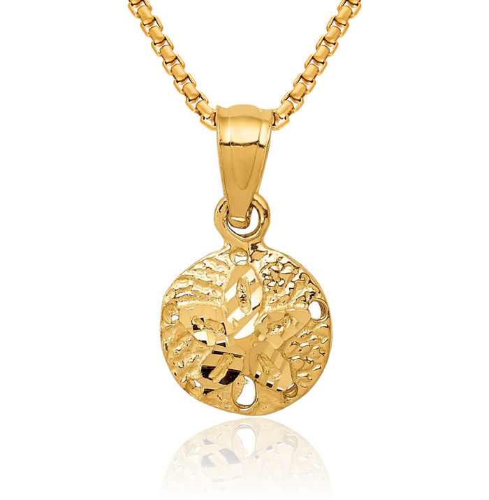 14K Solid Yellow Gold Sand Dollar Sea Star Starfish Necklace Chain Pendant Charm