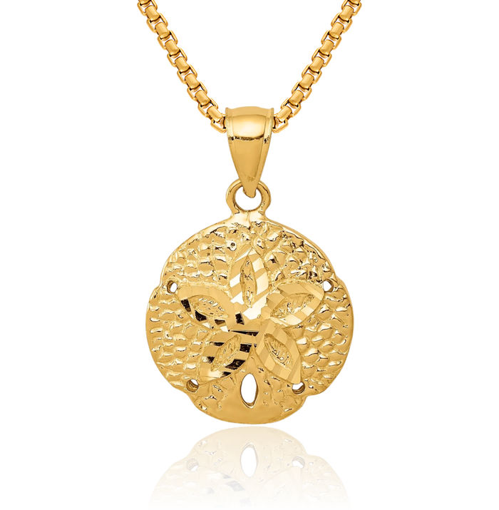 14K Solid Yellow Gold Sand Dollar Sea Star Starfish Necklace Chain Pendant Charm
