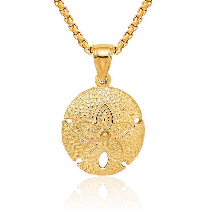 14K Solid Yellow Gold Sand Dollar Sea Star Starfish Necklace Chain Pendant Charm