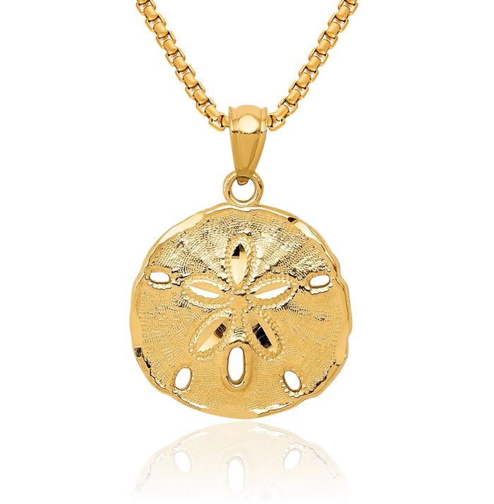 14K Solid Yellow Gold Sand Dollar Sea Star Starfish Necklace Chain Pendant Charm