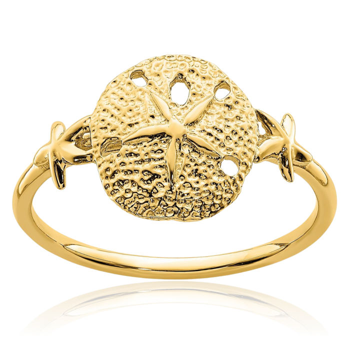 14K Solid Yellow Gold Sand Dollar Sea Star Starfish Ring