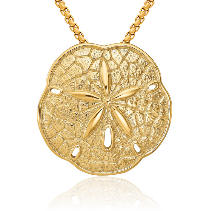 14K Solid Yellow Gold Sand Dollar Sea Star Starfish Slide Necklace Chain Pendant Charm