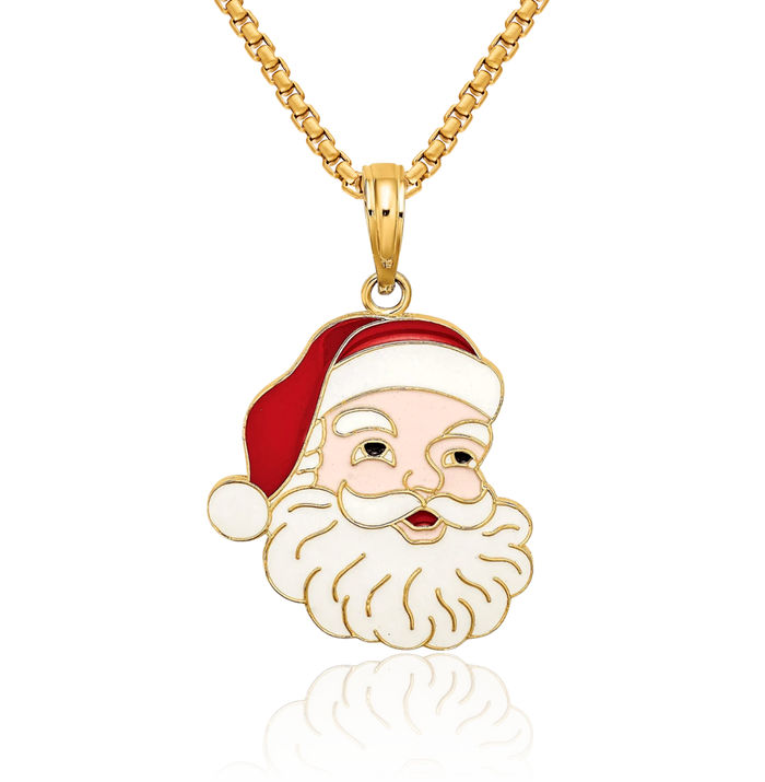 14K Solid Yellow Gold Santa Face Necklace Chain Pendant Charm