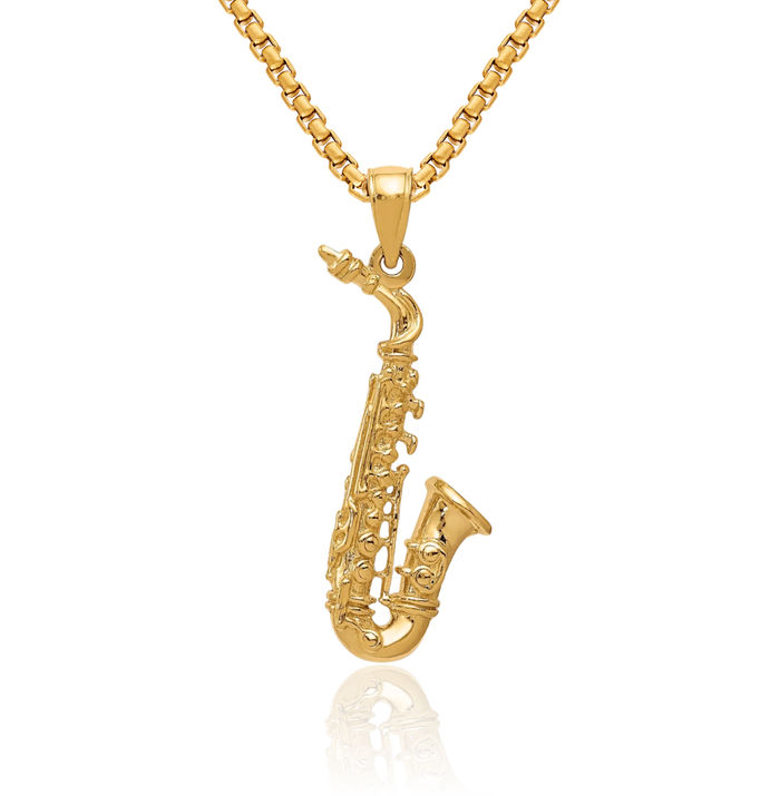 14K Solid Yellow Gold Saxophone Necklace Chain Pendant Charm