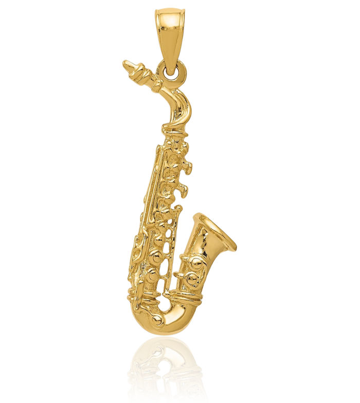 14K Solid Yellow Gold Saxophone Necklace Chain Pendant Charm