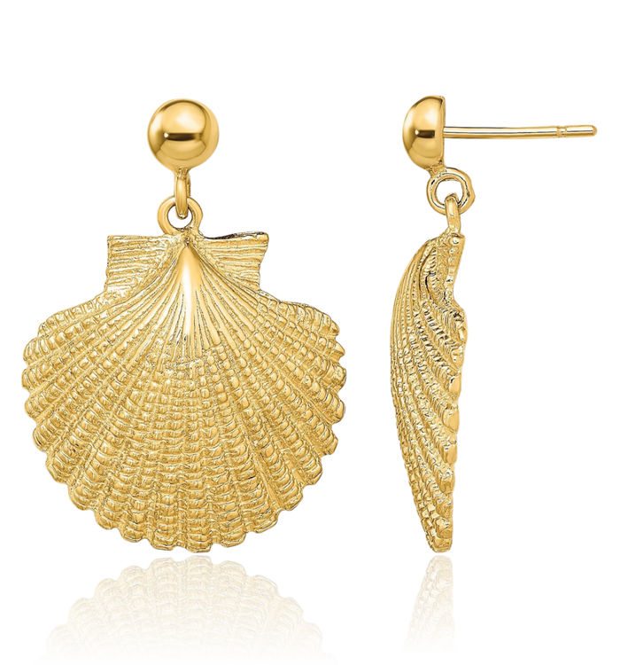 14K Solid Yellow Gold Scallop Drop Dangle Earrings