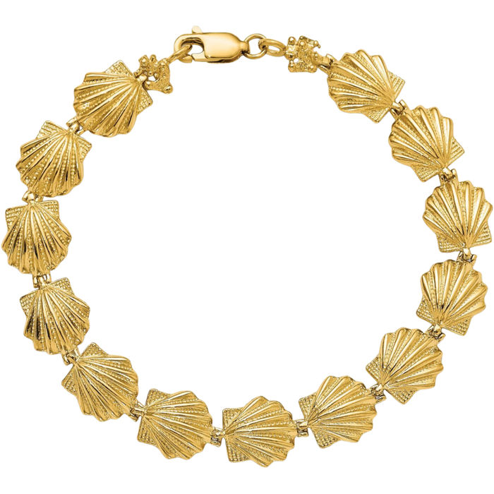 14K Solid Yellow Gold Scallop Shell Chain Charm Bracelet