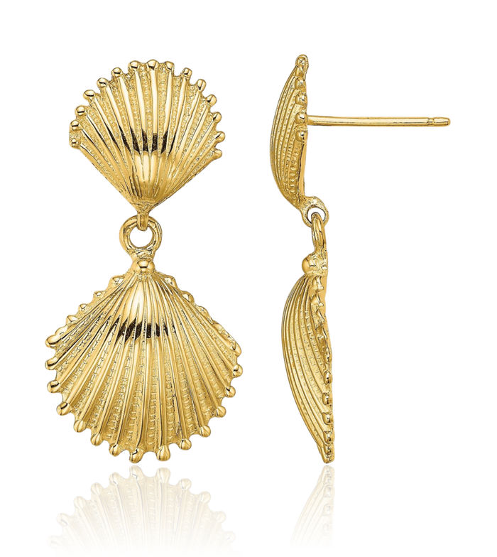 14K Solid Yellow Gold Scallop Shell Drop Dangle Earrings