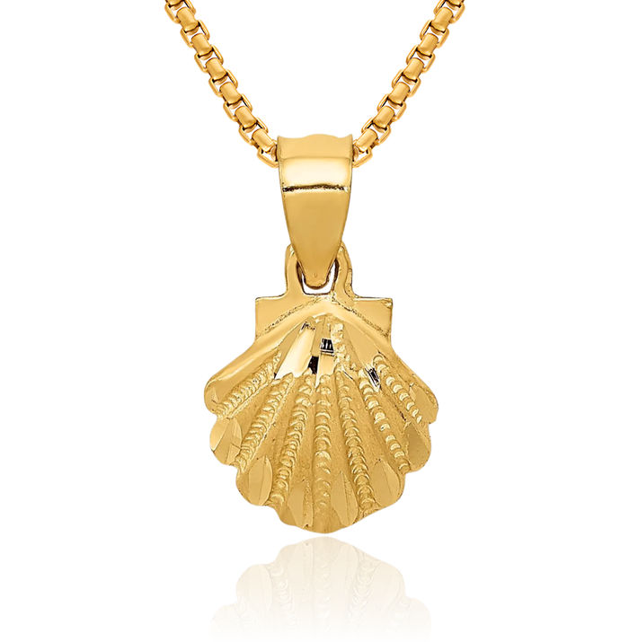 14K Solid Yellow Gold Scallop Shell Necklace Chain Pendant Charm