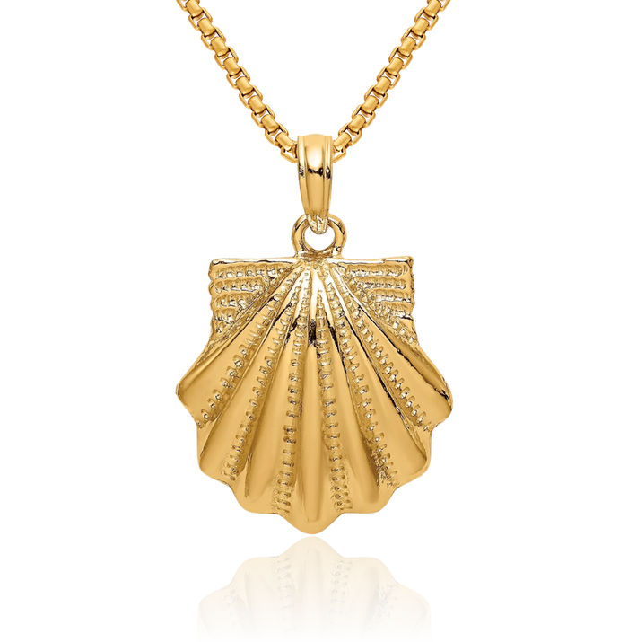 14K Solid Yellow Gold Scallop Shell Necklace Chain Pendant Charm