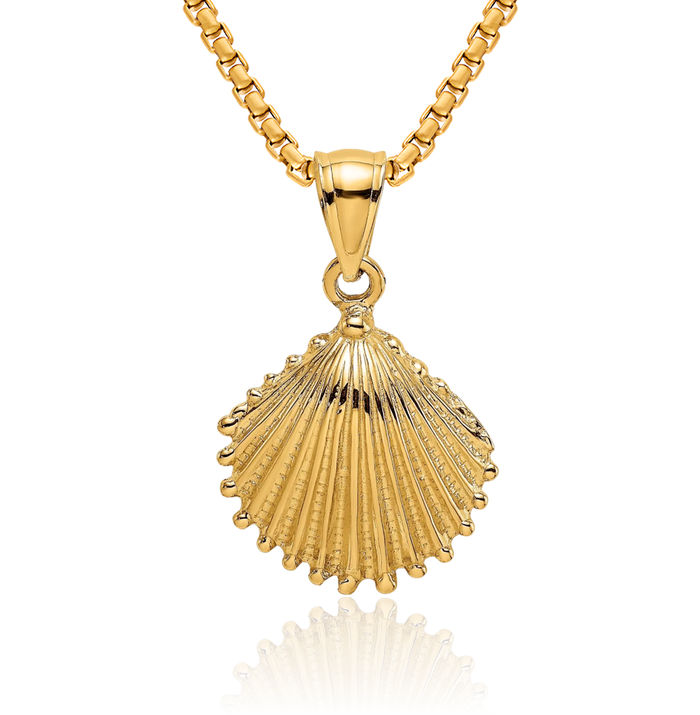 14K Solid Yellow Gold Scallop Shell Necklace Chain Pendant Charm