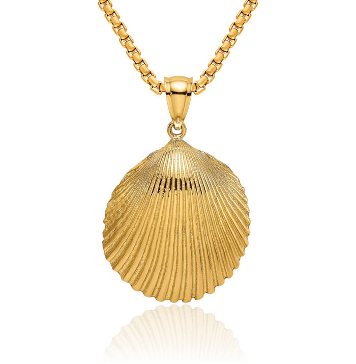 14K Solid Yellow Gold Scallop Shell Necklace Chain Pendant Charm