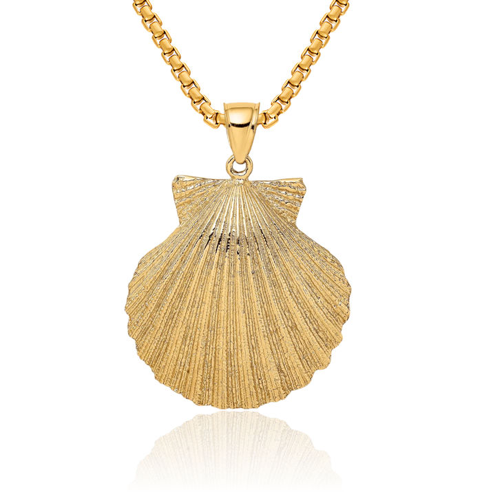 14K Solid Yellow Gold Scallop Shell Necklace Chain Pendant Charm