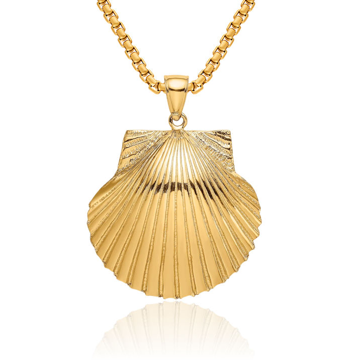 14K Solid Yellow Gold Scallop Shell Necklace Chain Pendant Charm