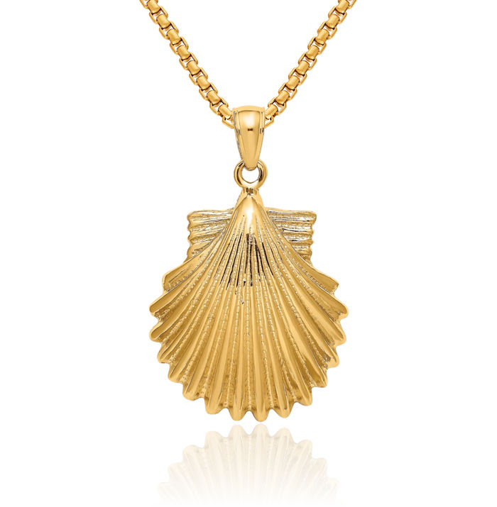 14K Solid Yellow Gold Scallop Shell Necklace Chain Pendant Charm