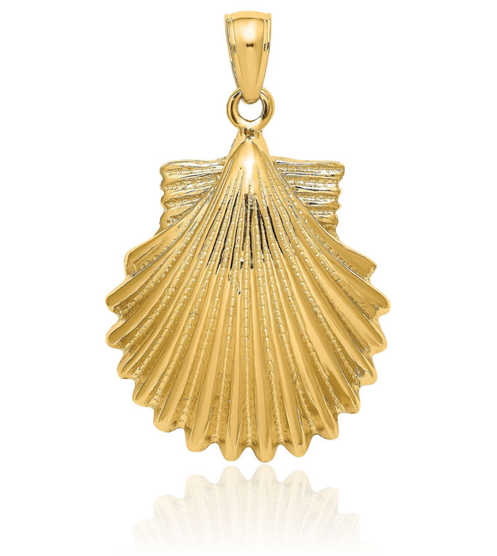 14K Solid Yellow Gold Scallop Shell Necklace Chain Pendant Charm