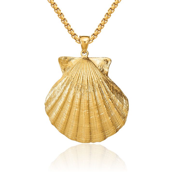 14K Solid Yellow Gold Scallop Shell Necklace Chain Pendant Charm