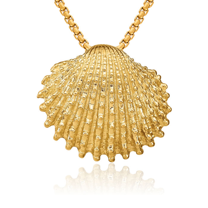 14K Solid Yellow Gold Scallop Shell Slide Necklace Chain Pendant Charm