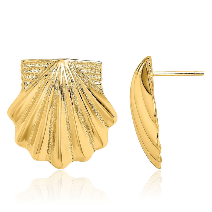 14K Solid Yellow Gold Scallop Shell Stud Earrings